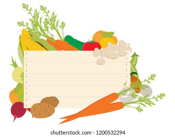 A wooden vegetables sign background surrounded by a border of fresh vegetables food produce