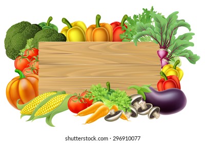 A wooden vegetables sign background surrounded by a border of fresh fruit and vegetables food produce