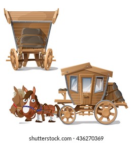 Wooden vehicle pulled by two horses. Vector.