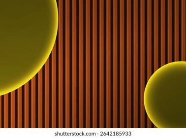 Wooden vertical lines with round neon light background. Abstract minimal scene for mockup presentation, cosmetic products, stage showcase, promotion display.