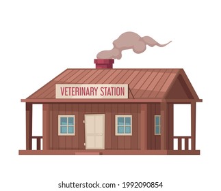 Wooden veterinary station building cartoon icon on white background vector illustration