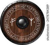 A wooden Viking shield bound with iron, featuring the Scandinavian runes. Realistic illustration.