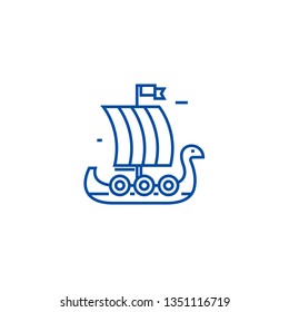 Wooden viking ship line icon concept. Wooden viking ship flat  vector symbol, sign, outline illustration.