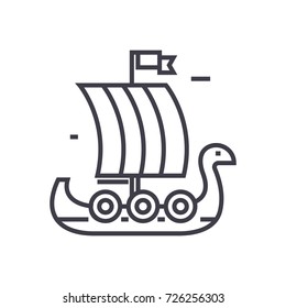 wooden viking ship vector line icon, sign, illustration on background, editable strokes
