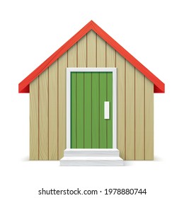 Wooden village house, vector illustration. Simple shape cottage isolated on background.
