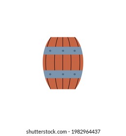 Wooden vintage barrel cartoon icon or symbol, flat vector illustration isolated on white background. VIntage old barrel for drinks and oil transportation.