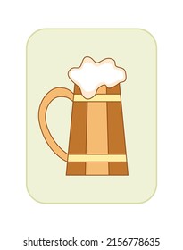 wooden vintage beer mug with foam, simple vector flat stylization