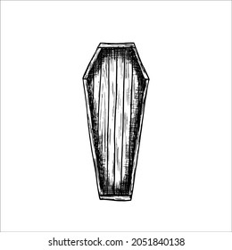 wooden vintage closed coffin in engraving style. hand drawn vector drawing of a coffin with a lid 
