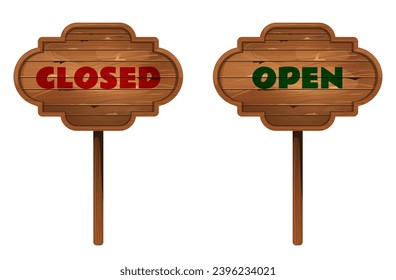 Wooden vintage closed open text board frame concept. Vector flat graphic design element concept illustration
