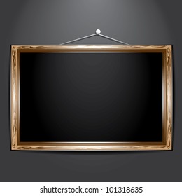 wooden vintage old frame on black wall. vector illustration.