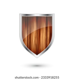 Wooden vintage shield icon. Black heraldic shield. Protection and security symbol, label. Vector illustration