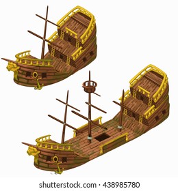 Wooden vintage ship new and broken isolated on a white background. Vector illustration.