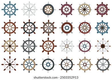 Wooden vintage steering wheels set elements in flat graphic design. Bundle objects of different colors captain ship navigator wheels, retro nautical rudders and navigation symbol. Vector illustration.