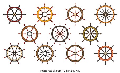 Wooden vintage steering wheels. Ship, sailboat or yacht retro wheel symbol. Colorful nautical rudder icon. Marine logotype design element. Vector illustration