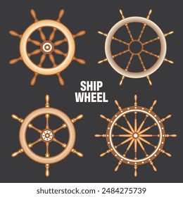 Wooden vintage steering wheels. Ship, sailboat or yacht retro wheel symbol. Brown nautical rudder icon. Marine logotype design element. Vector illustration