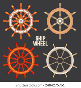 Wooden vintage steering wheels. Ship, sailboat or yacht retro wheel symbol. Colorful nautical rudder icon. Marine logotype design element. Vector illustration