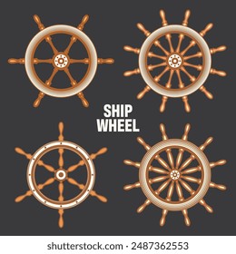 Wooden vintage steering wheels. Ship, sailboat or yacht retro wheel symbol. Brown nautical rudder icon. Marine logotype design element. Vector illustration