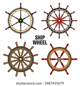 Wooden vintage steering wheels. Ship, sailboat or yacht retro wheel symbol. Colorful nautical rudder icon. Marine logotype design element. Vector illustration