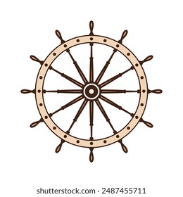 Wooden vintage steering wheels. Ship, sailboat or yacht retro wheel symbol. Nautical rudder icon. Marine logotype design element. Vector illustration