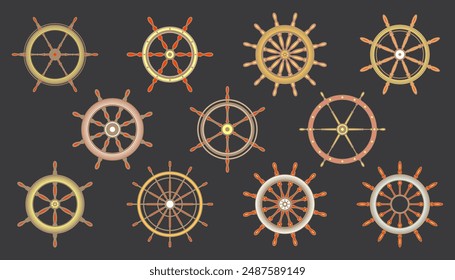 Wooden vintage steering wheels. Ship, sailboat or yacht retro wheel symbol. Colorful nautical rudder icon. Marine logotype design element. Vector illustration