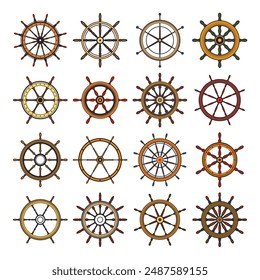 Wooden vintage steering wheels. Ship, sailboat or yacht retro wheel symbol. Colorful nautical rudder icon. Marine logotype design element. Vector illustration