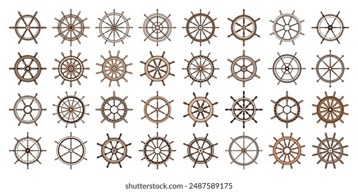 Wooden vintage steering wheels. Ship, sailboat or yacht retro wheel symbol. Brown nautical rudder icon. Marine logotype design element. Vector illustration