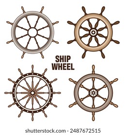 Wooden vintage steering wheels. Ship, sailboat or yacht retro wheel symbol. Brown nautical rudder icon. Marine logotype design element. Vector illustration