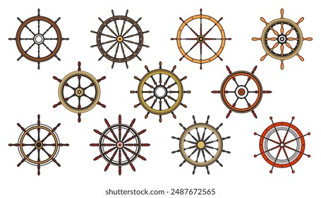 Wooden vintage steering wheels. Ship, sailboat or yacht retro wheel symbol. Colorful nautical rudder icon. Marine logotype design element. Vector illustration