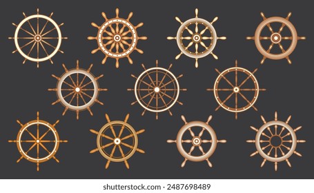 Wooden vintage steering wheels. Ship, sailboat or yacht retro wheel symbol. Brown nautical rudder icon. Marine logotype design element. Vector illustration