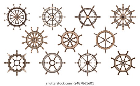 Wooden vintage steering wheels. Ship, sailboat or yacht retro wheel symbol. Colorful nautical rudder icon. Marine logotype design element. Vector illustration.