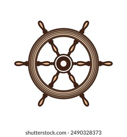 Wooden vintage steering wheels. Ship, sailboat or yacht retro wheel symbol. Nautical rudder icon. Marine logotype design element. Vector illustration