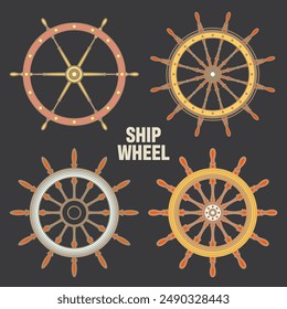 Wooden vintage steering wheels. Ship, sailboat or yacht retro wheel symbol. Colorful nautical rudder icon. Marine logotype design element. Vector illustration