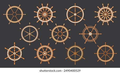 Wooden vintage steering wheels. Ship, sailboat or yacht retro wheel symbol. Brown nautical rudder icon. Marine logotype design element. Vector illustration