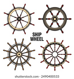 Wooden vintage steering wheels. Ship, sailboat or yacht retro wheel symbol. Colorful nautical rudder icon. Marine logotype design element. Vector illustration