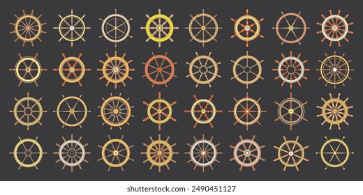 Wooden vintage steering wheels. Ship, sailboat or yacht retro wheel symbol. Colorful nautical rudder icon. Marine logotype design element. Vector illustration