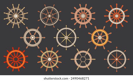 Wooden vintage steering wheels. Ship, sailboat or yacht retro wheel symbol. Colorful nautical rudder icon. Marine logotype design element. Vector illustration