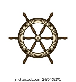 Wooden vintage steering wheels. Ship, sailboat or yacht retro wheel symbol. Nautical rudder icon. Marine logotype design element. Vector illustration