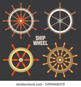 Wooden vintage steering wheels. Ship, sailboat or yacht retro wheel symbol. Colorful nautical rudder icon. Marine logotype design element. Vector illustration