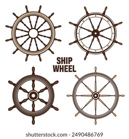 Wooden vintage steering wheels. Ship, sailboat or yacht retro wheel symbol. Brown nautical rudder icon. Marine logotype design element. Vector illustration