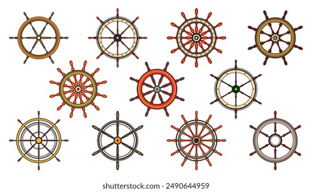 Wooden vintage steering wheels. Ship, sailboat or yacht retro wheel symbol. Colorful nautical rudder icon. Marine logotype design element. Vector illustration