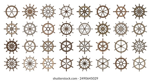 Wooden vintage steering wheels. Ship, sailboat or yacht retro wheel symbol. Brown nautical rudder icon. Marine logotype design element. Vector illustration