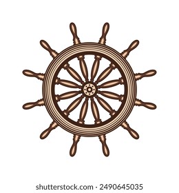 Wooden vintage steering wheels. Ship, sailboat or yacht retro wheel symbol. Nautical rudder icon. Marine logotype design element. Vector illustration