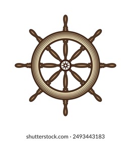 Wooden vintage steering wheels. Ship, sailboat or yacht retro wheel symbol. Nautical rudder icon. Marine logotype design element. Vector illustration