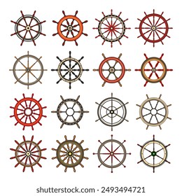 Wooden vintage steering wheels. Ship, sailboat or yacht retro wheel symbol. Colorful nautical rudder icon. Marine logotype design element. Vector illustration