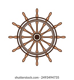 Wooden vintage steering wheels. Ship, sailboat or yacht retro wheel symbol. Nautical rudder icon. Marine logotype design element. Vector illustration