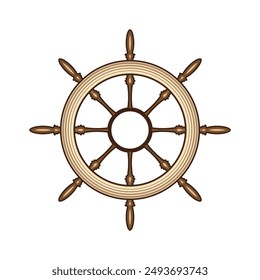 Wooden vintage steering wheels. Ship, sailboat or yacht retro wheel symbol. Nautical rudder icon. Marine logotype design element. Vector illustration