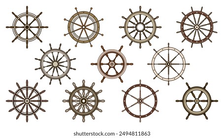 Wooden vintage steering wheels. Ship, sailboat or yacht retro wheel symbol. Brown nautical rudder icon. Marine logotype design element. Vector illustration.