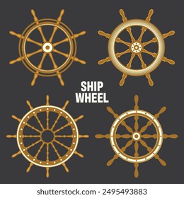 Wooden vintage steering wheels. Ship, sailboat or yacht retro wheel symbol. Brown nautical rudder icon. Marine logotype design element. Vector illustration.