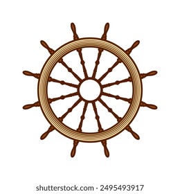 Wooden vintage steering wheels. Ship, sailboat or yacht retro wheel symbol. Nautical rudder icon. Marine logotype design element. Vector illustration.