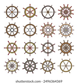 Wooden vintage steering wheels. Ship, sailboat or yacht retro wheel symbol. Colorful nautical rudder icon. Marine logotype design element. Vector illustration